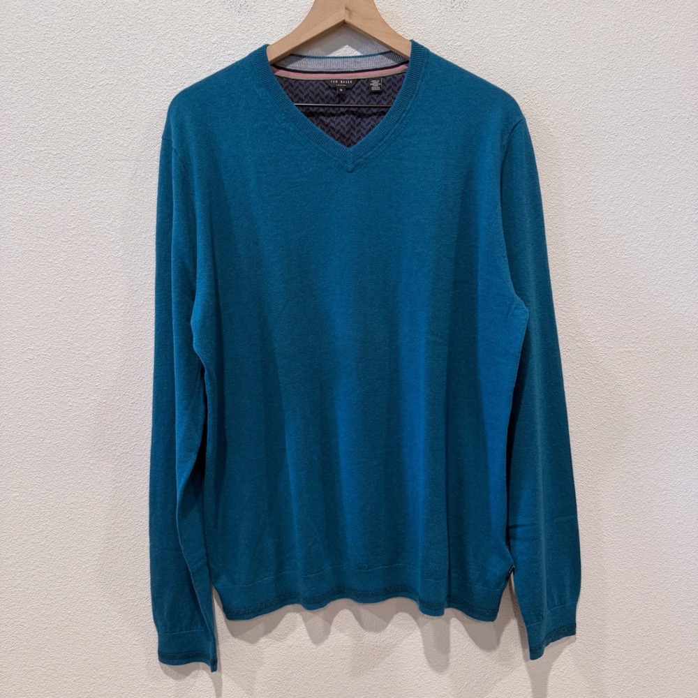 TED BAKER Mens Wool Silk V-Neck Sweater Size 6 XXL Preppy Classic Minimalist